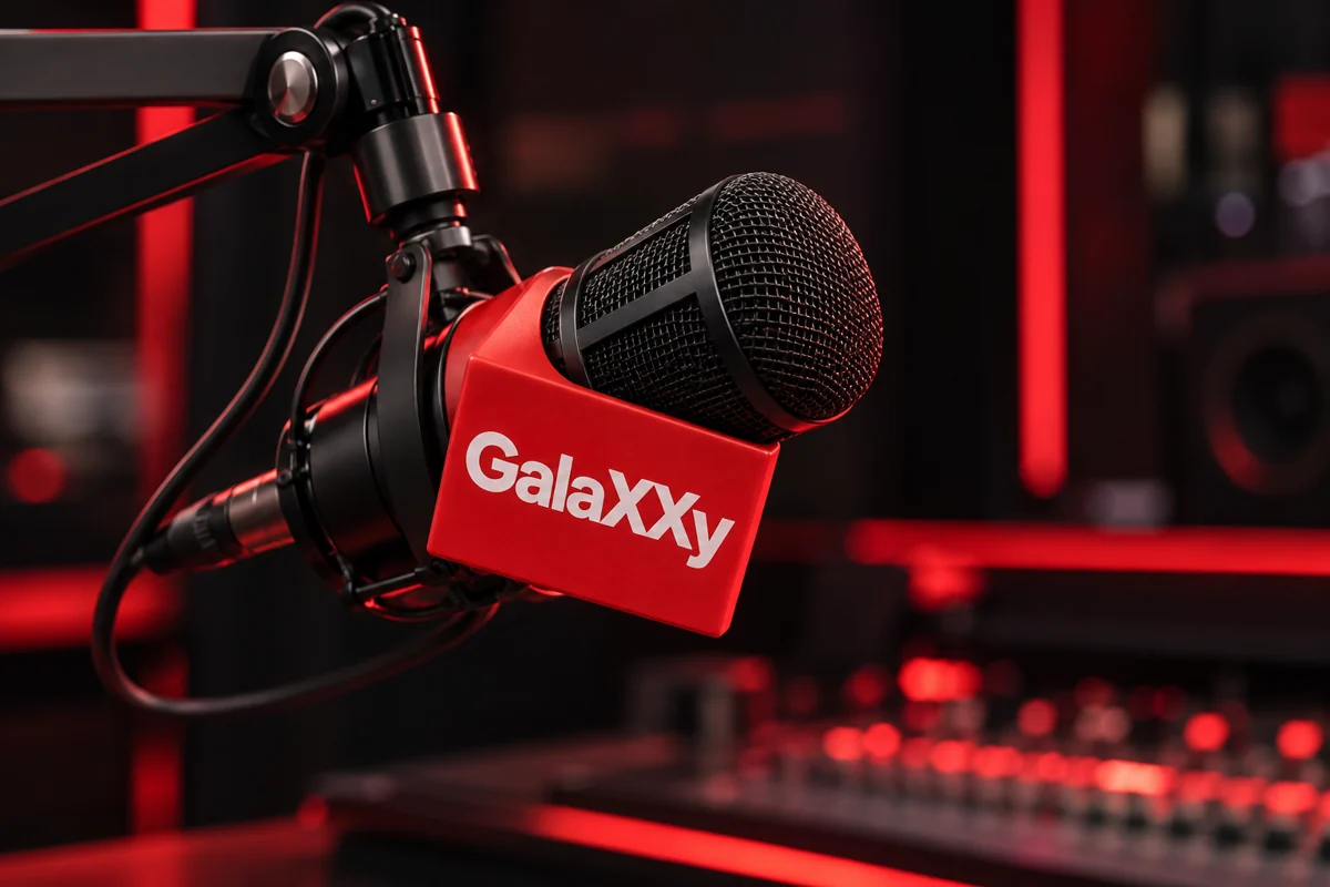 Micro de studio noir et rouge portant le nom GalaXXy — illustration