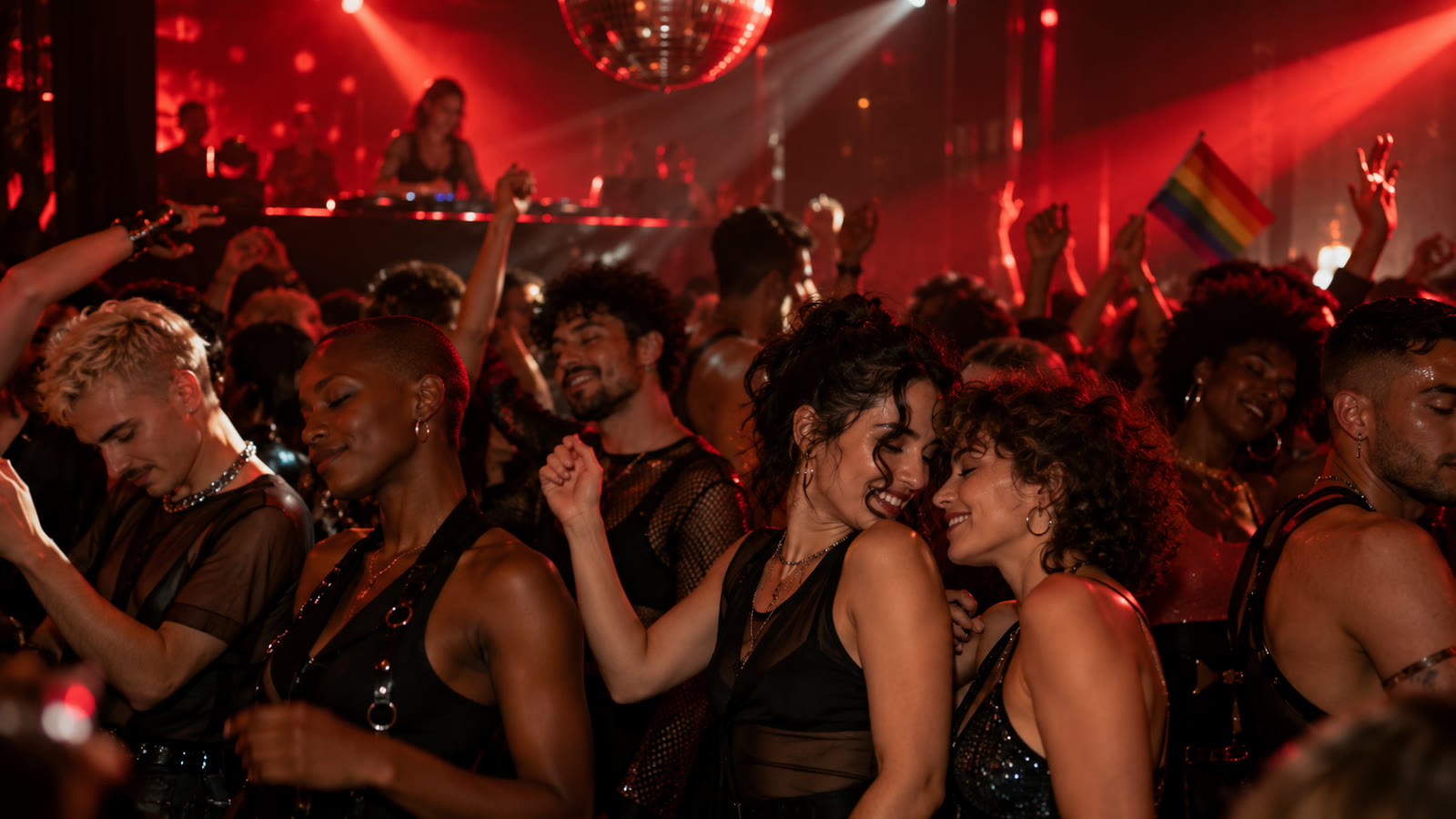 Ambiance de soirée queer, sous les lumières rouges d’un club — illustration